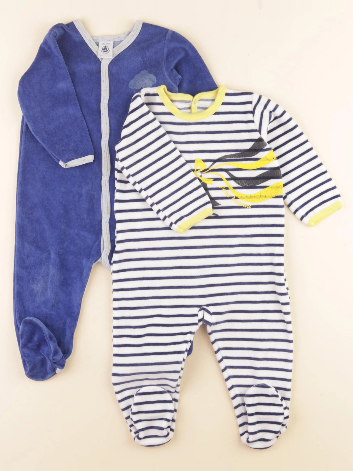 Petit Bateau - lot de 2 pyjamas velours bleu, blanc, jaune - 12 mois