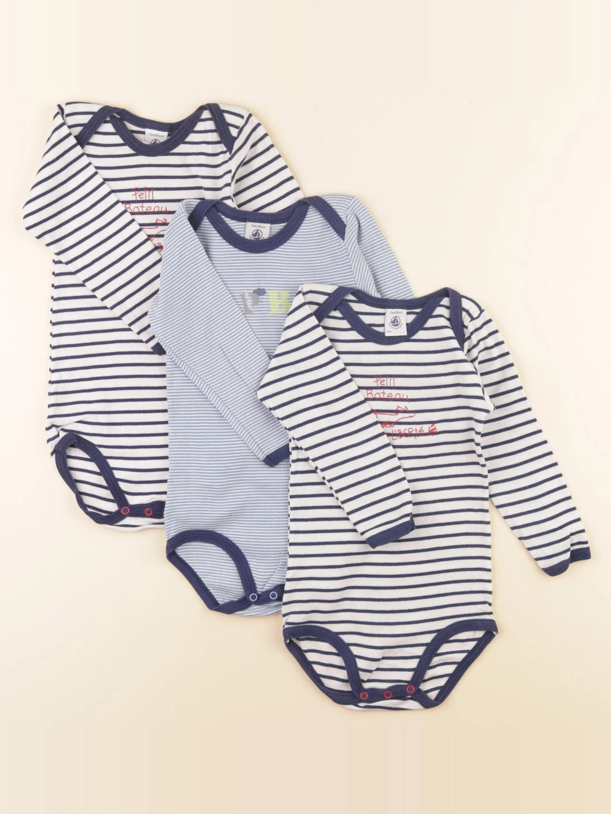 Petit Bateau - lot de 3 bodies en coton bleu - 24 mois