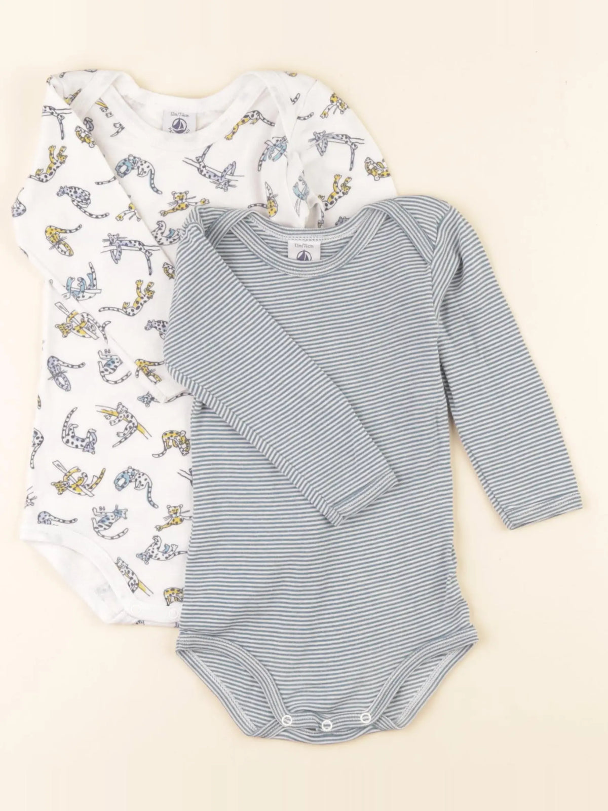 Petit Bateau - lot de 2 bodies en coton blanc, bleu - 12 mois