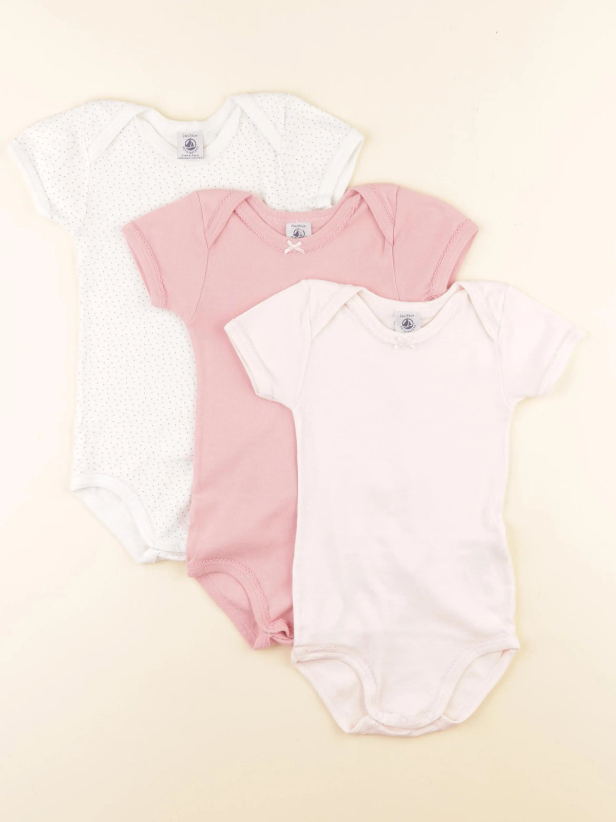 Petit Bateau - lot de 3 bodies en coton blanc, rose - 2 ans