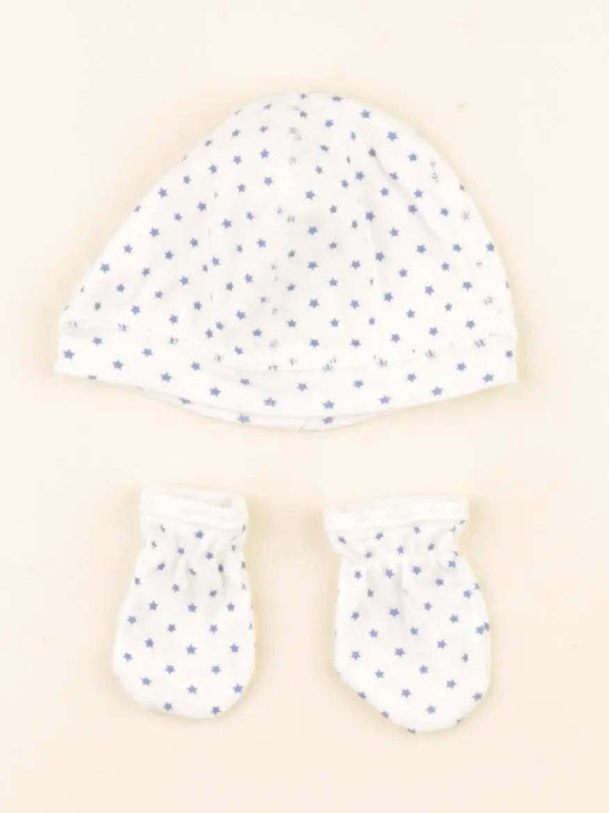 Petit Bateau - ensemble bonnet/moufles blanc, bleu - 0/3 mois