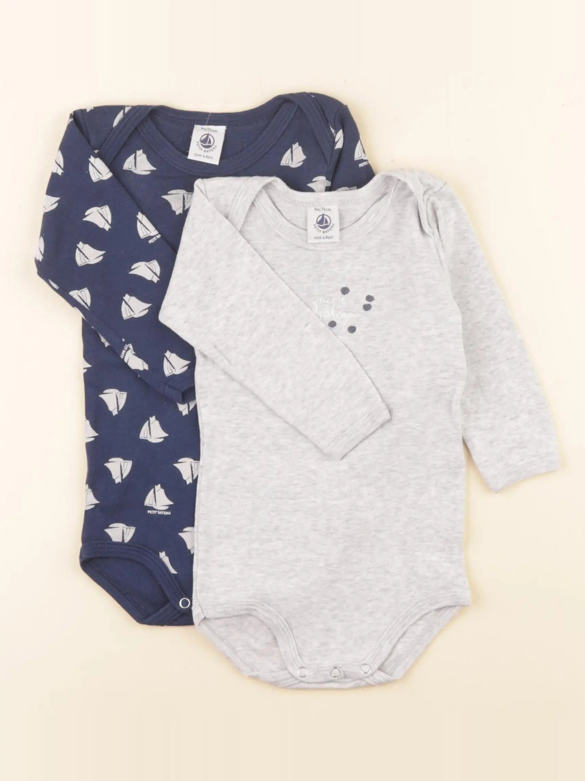 Petit Bateau - lot de 2 bodies en coton bleu, gris - 9 mois