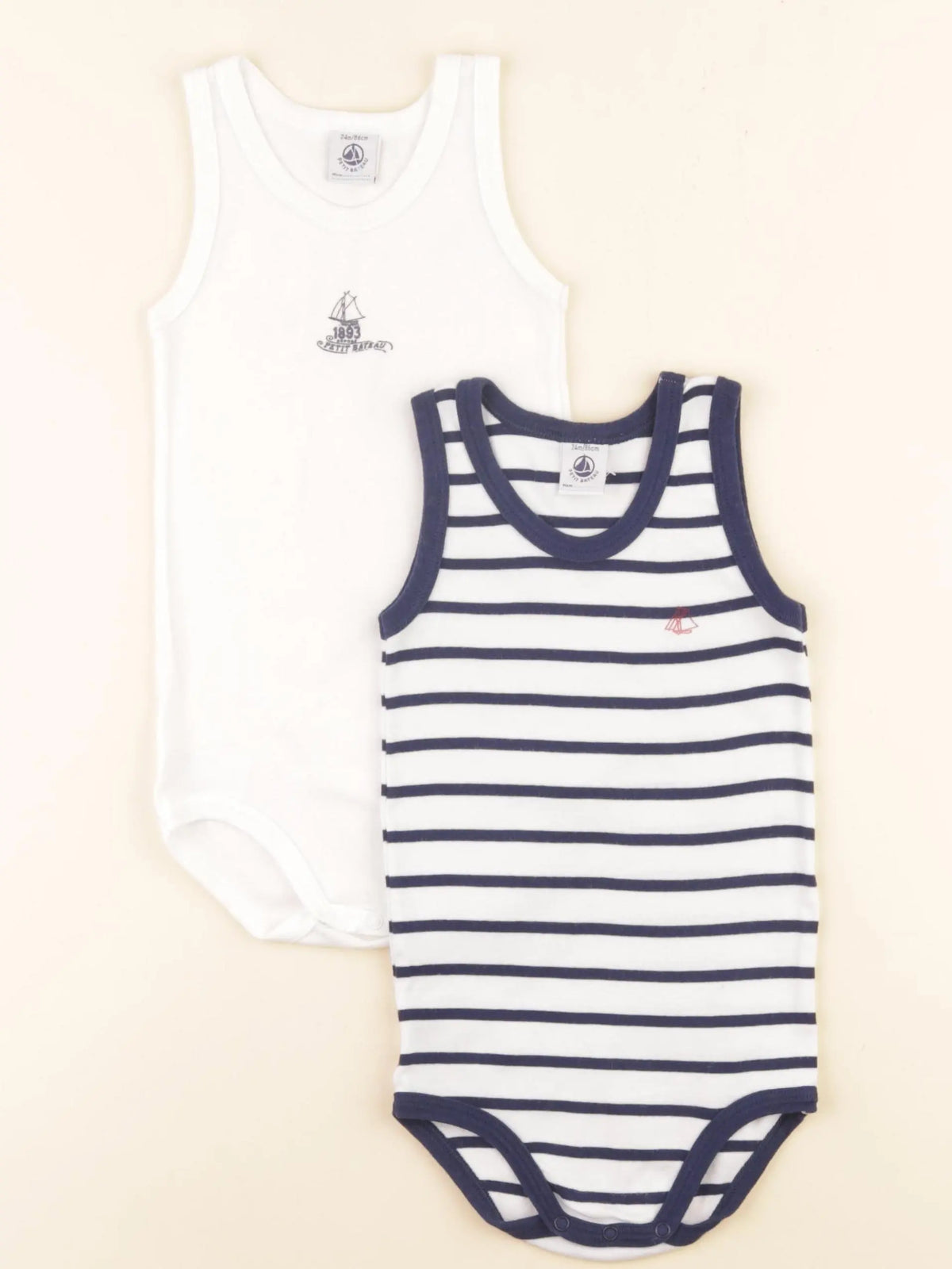 Petit Bateau - lot de 2 bodies en coton blanc, bleu - 24 mois