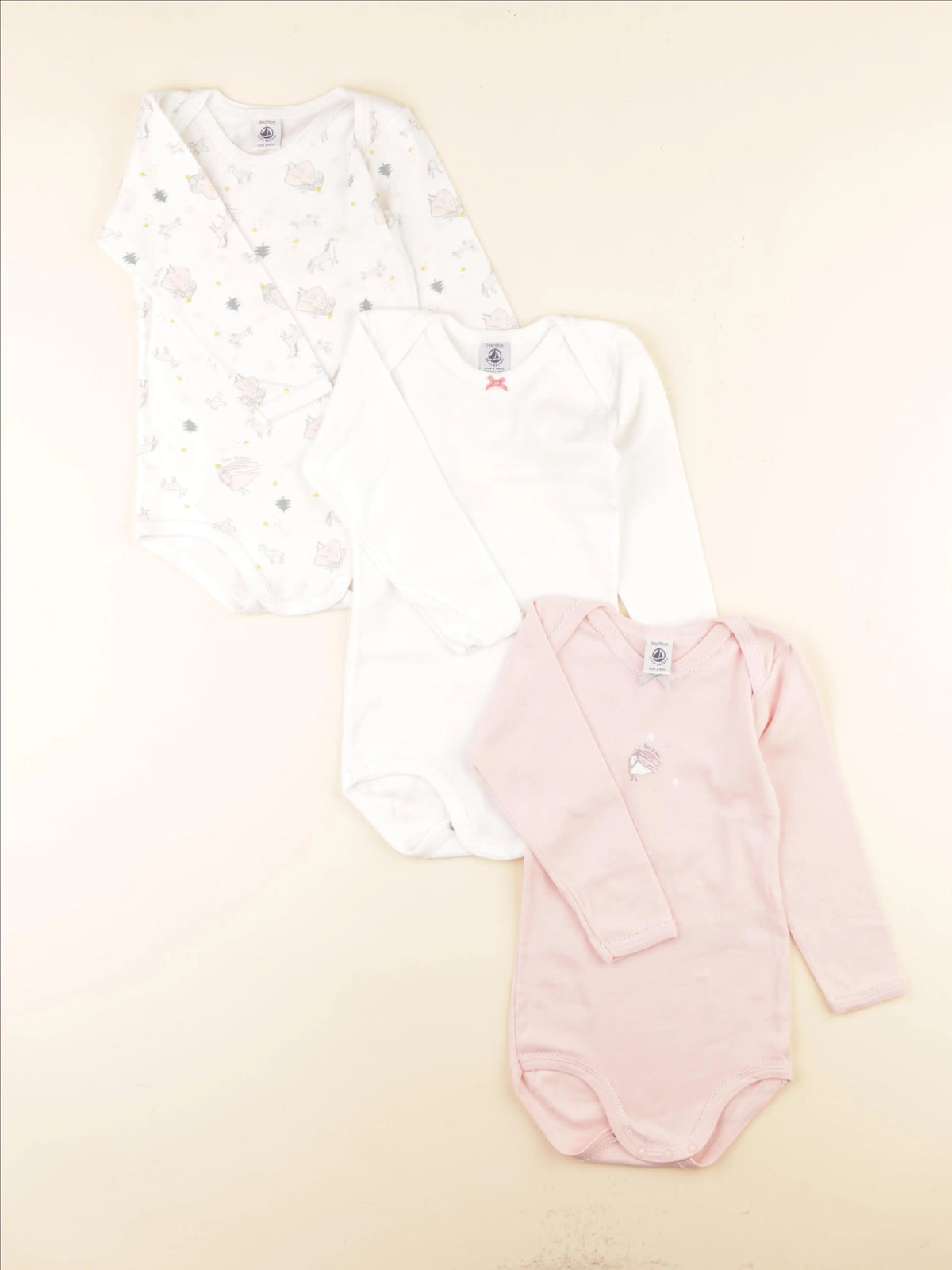 Petit Bateau - lot de 3 bodies en coton rose, blanc - 36 mois
