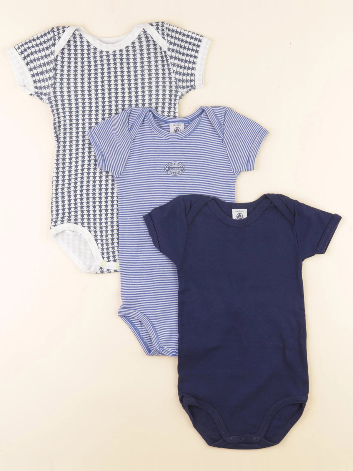 Petit Bateau - lot de 3 bodies en coton bleu - 24 mois