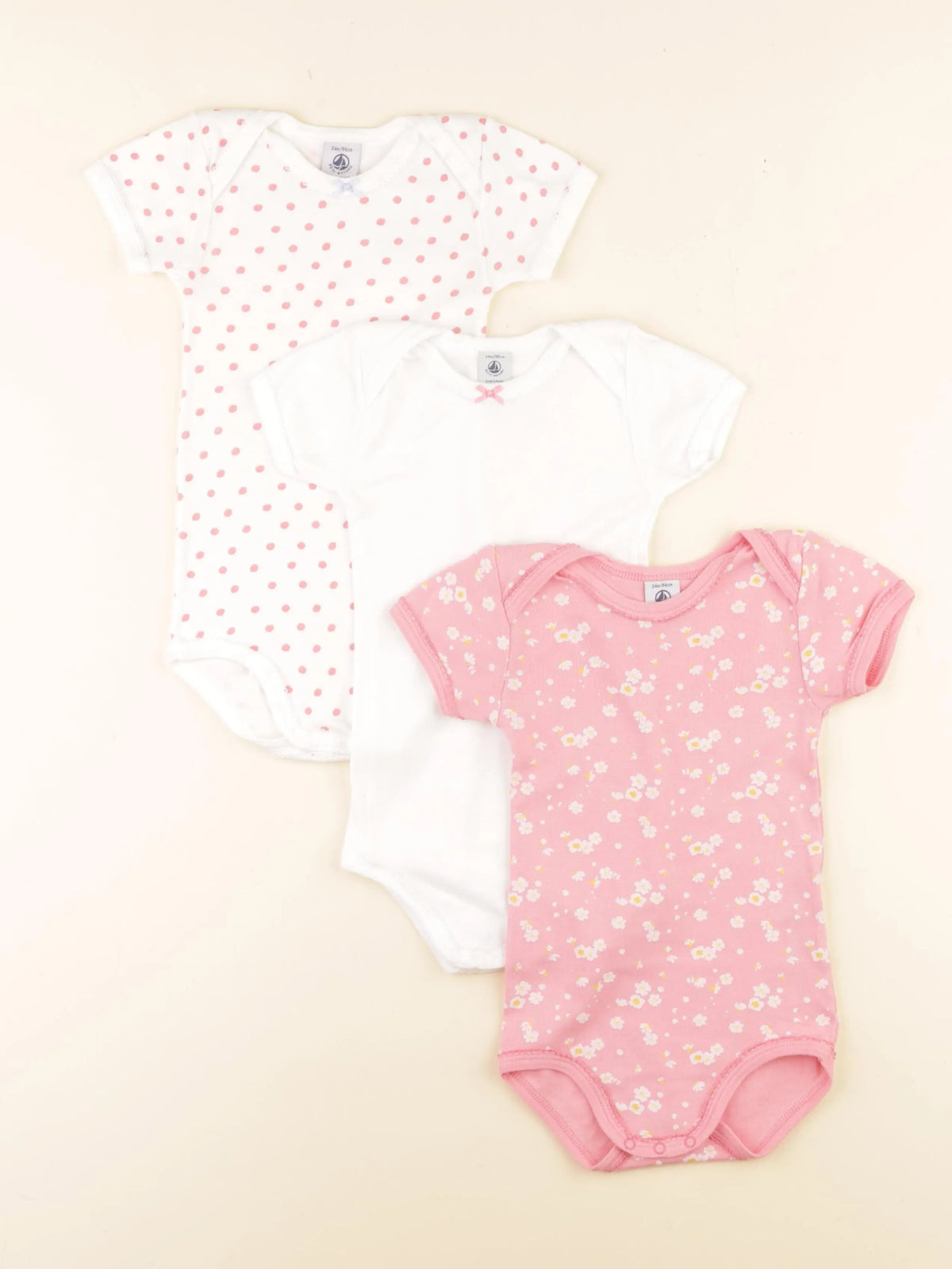 Petit Bateau - lot de 3 bodies en coton rose, blanc - 24 mois