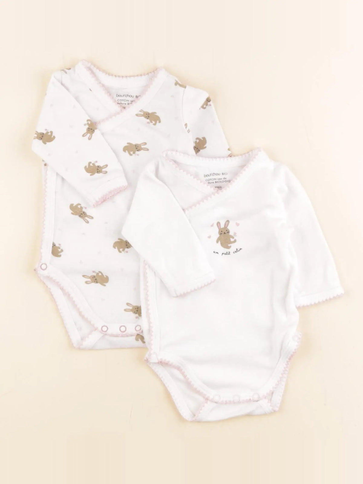 Boutchou - lot de 2 bodies en coton blanc, rose - 1 mois