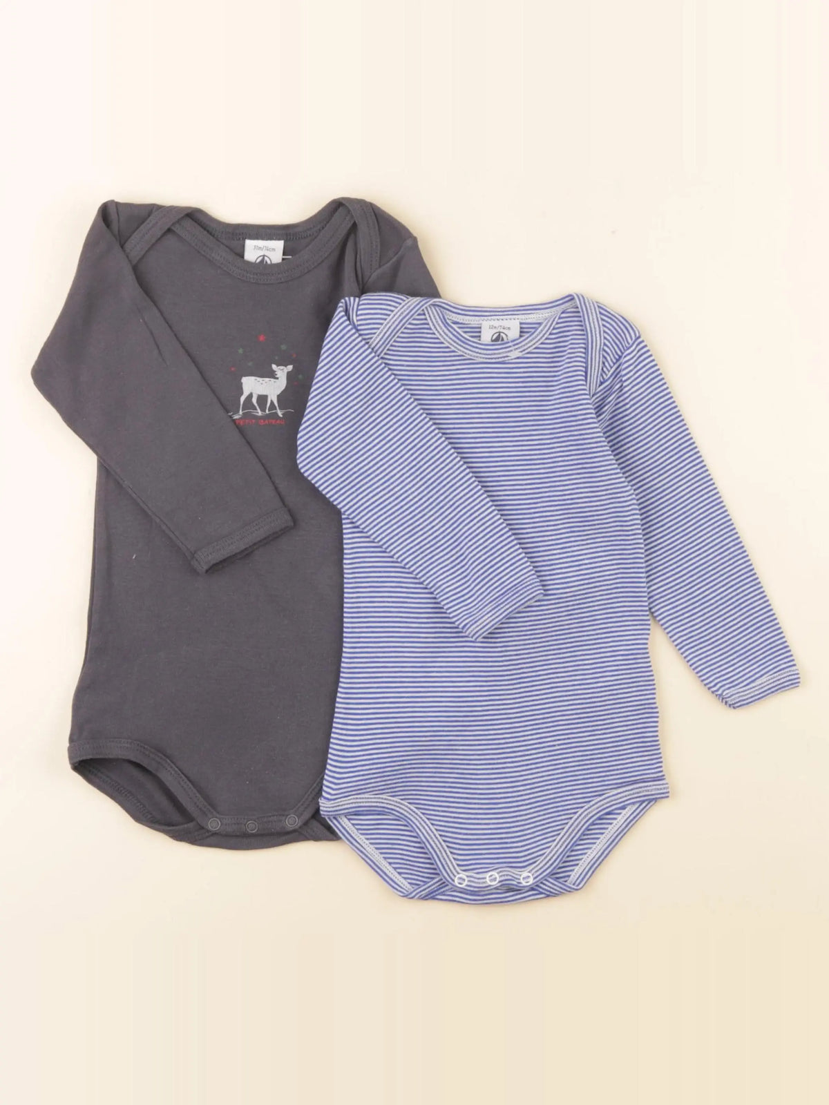 Petit Bateau - lot de 2 bodies en coton bleu, gris - 12 mois
