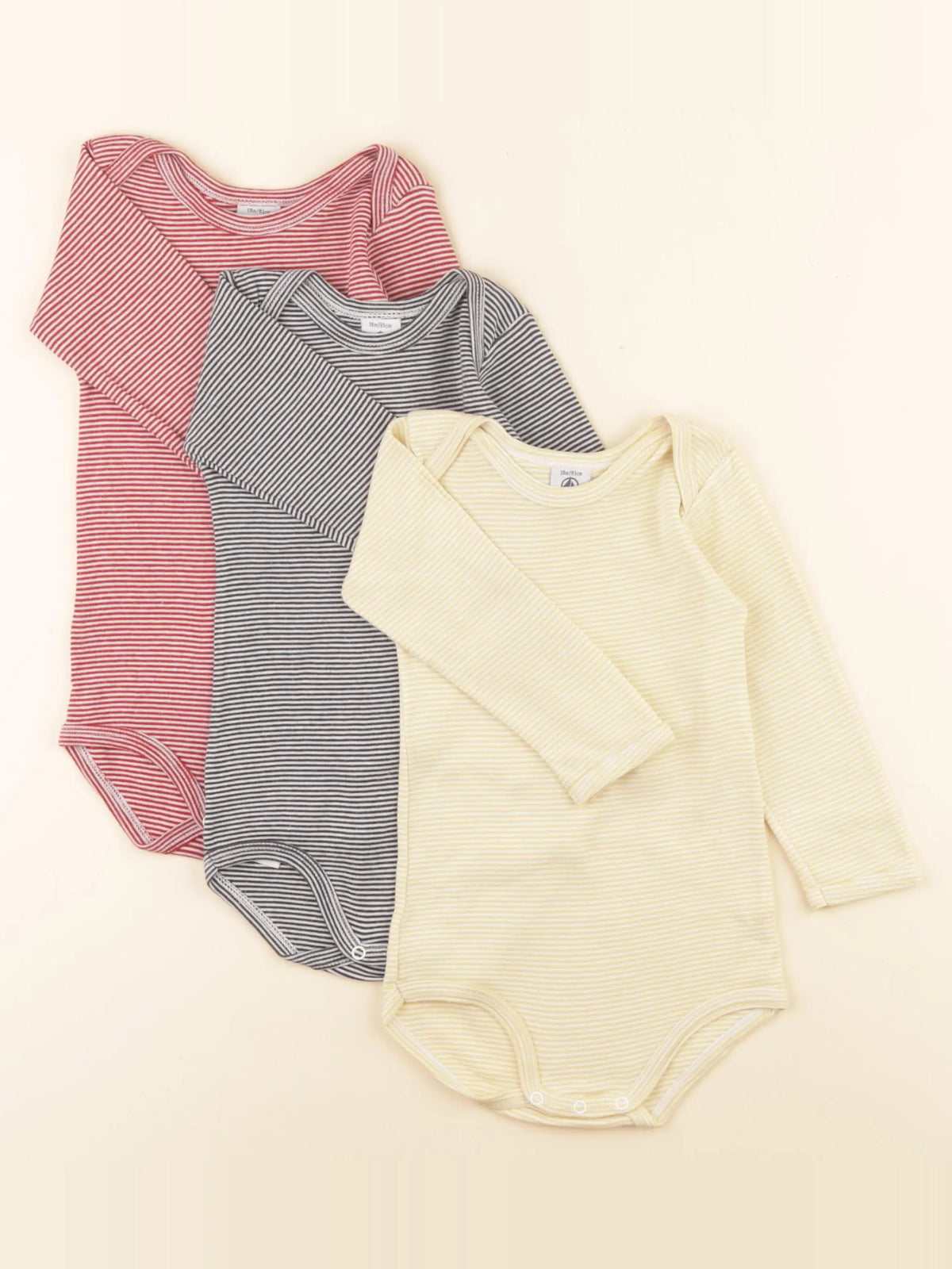 Petit Bateau - lot de 3 bodies en coton jaune, rouge - 18 mois