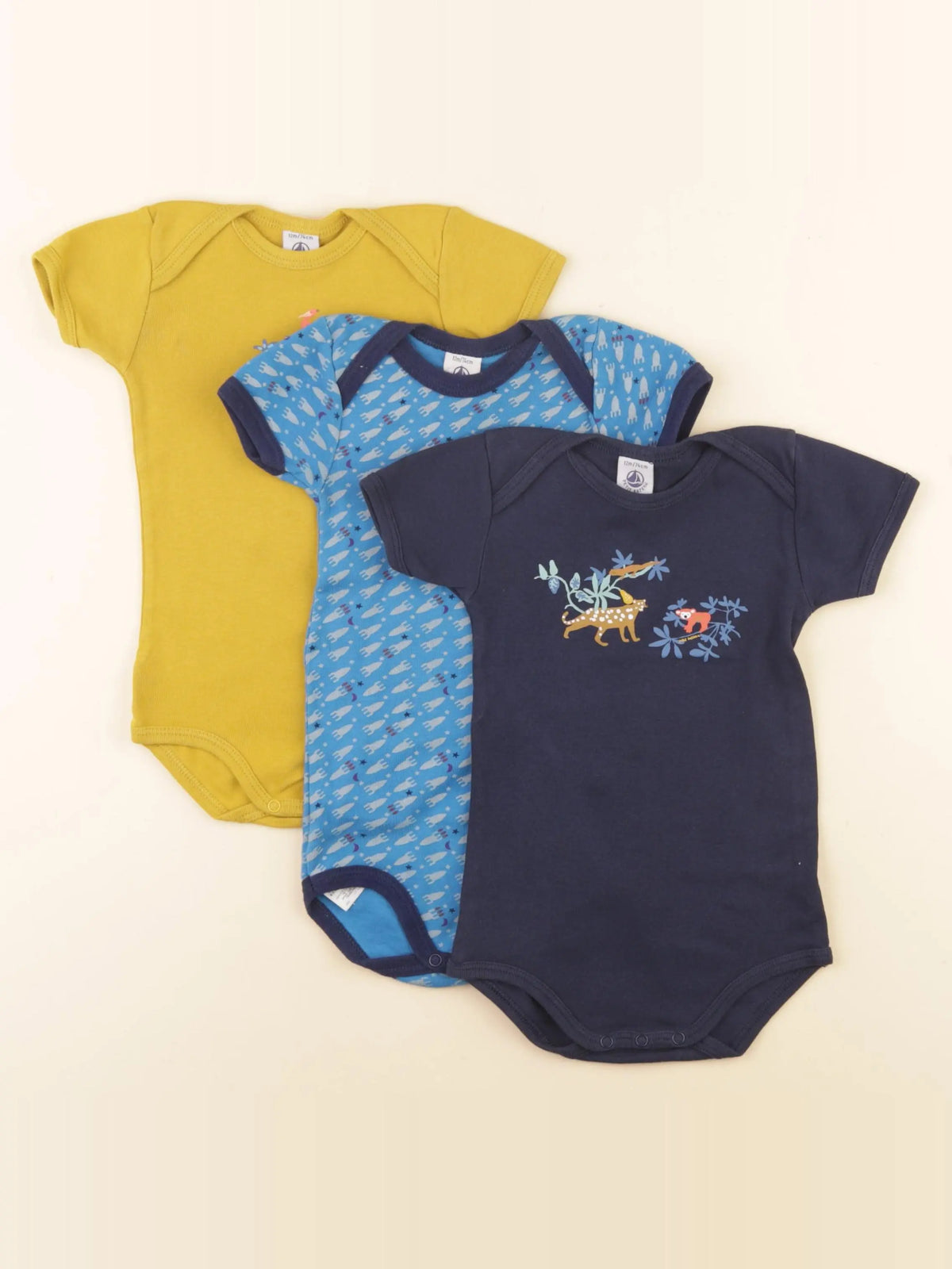 Petit Bateau - lot de 3 bodies en coton bleu, jaune - 12 mois
