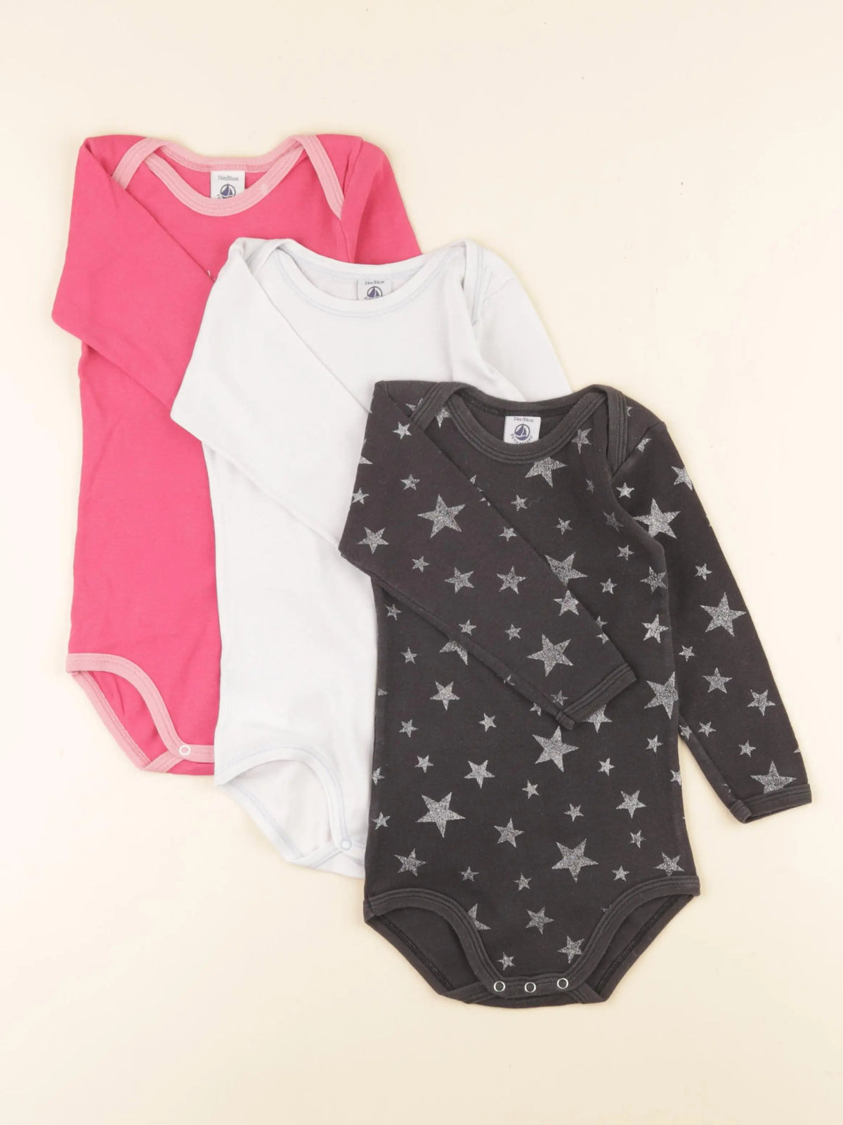 Petit Bateau - lot de 3 bodies en coton rose, noir - 24 mois