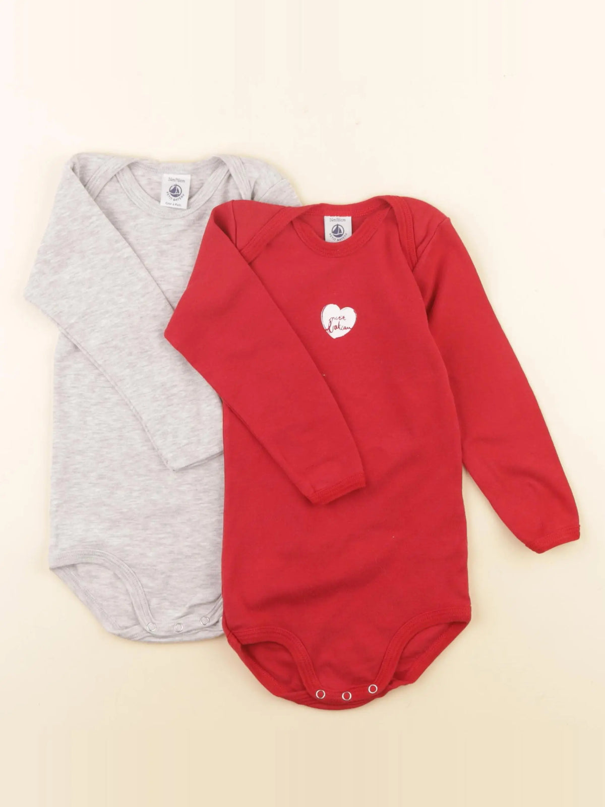 Petit Bateau - lot de 2 bodies en coton gris, rouge - 24 mois