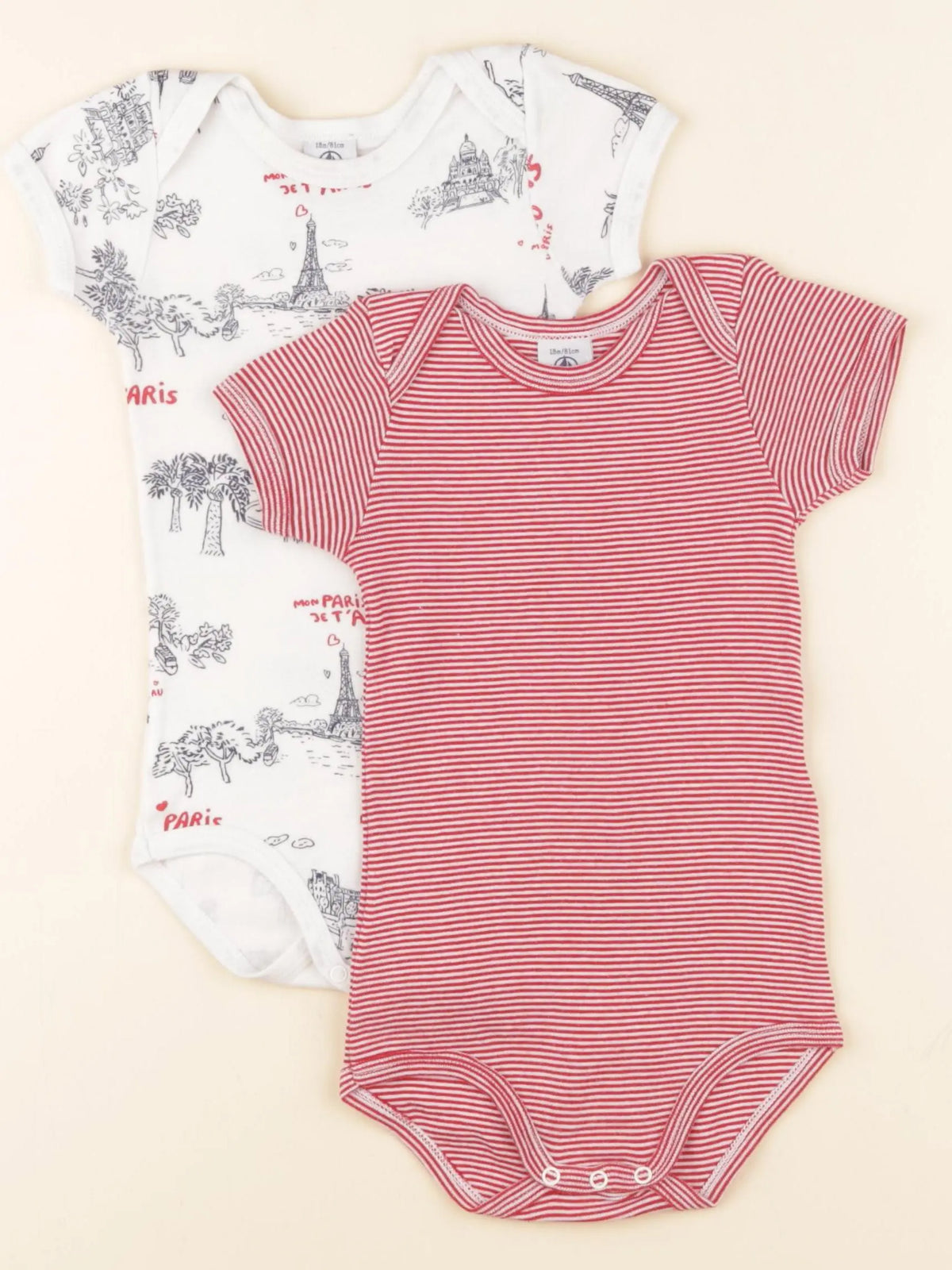 Petit Bateau - lot de 2 bodies en coton rouge, blanc - 18 mois