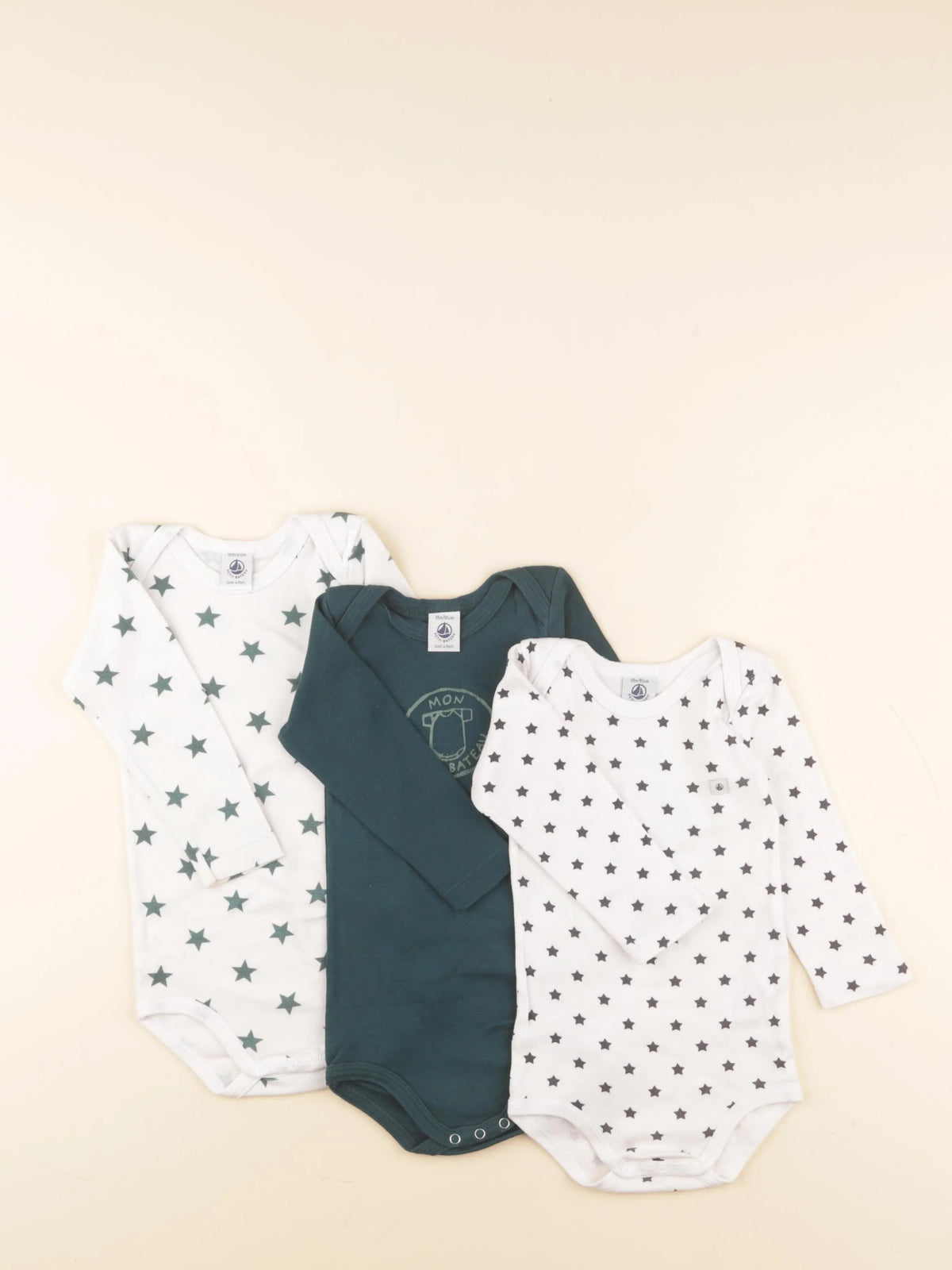 Petit Bateau - lot de 3 bodies en coton vert, blanc - 18 mois