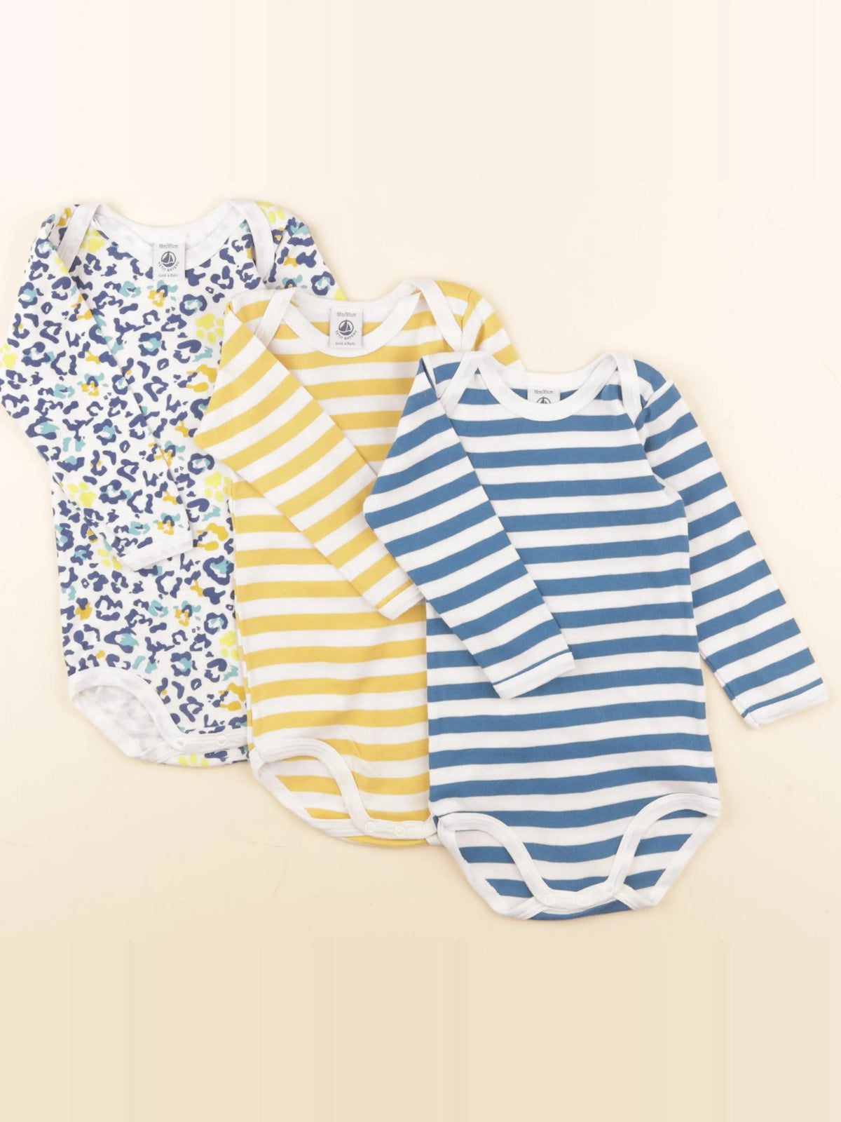Petit Bateau - lot de 3 bodies en coton jaune, blanc, bleu - 18 mois