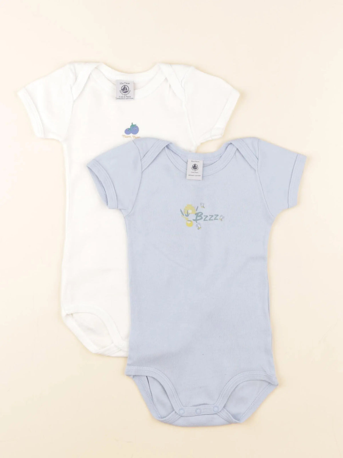 Petit Bateau - lot de 2 bodies en coton blanc, bleu - 12 mois