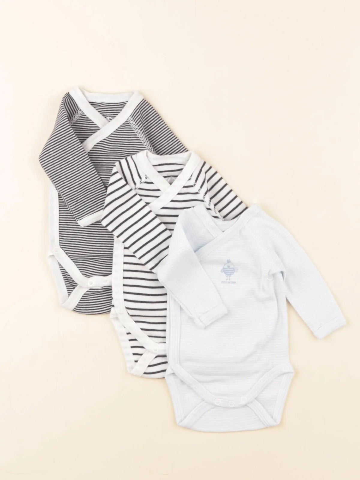 Petit Bateau - lot de 3 bodies en coton blanc, bleu - 0 mois