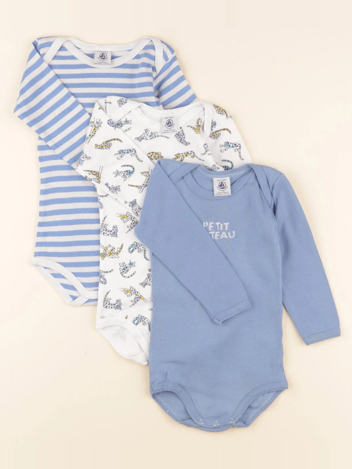 Petit Bateau - lot de 3 bodies en coton blanc, bleu - 12 mois