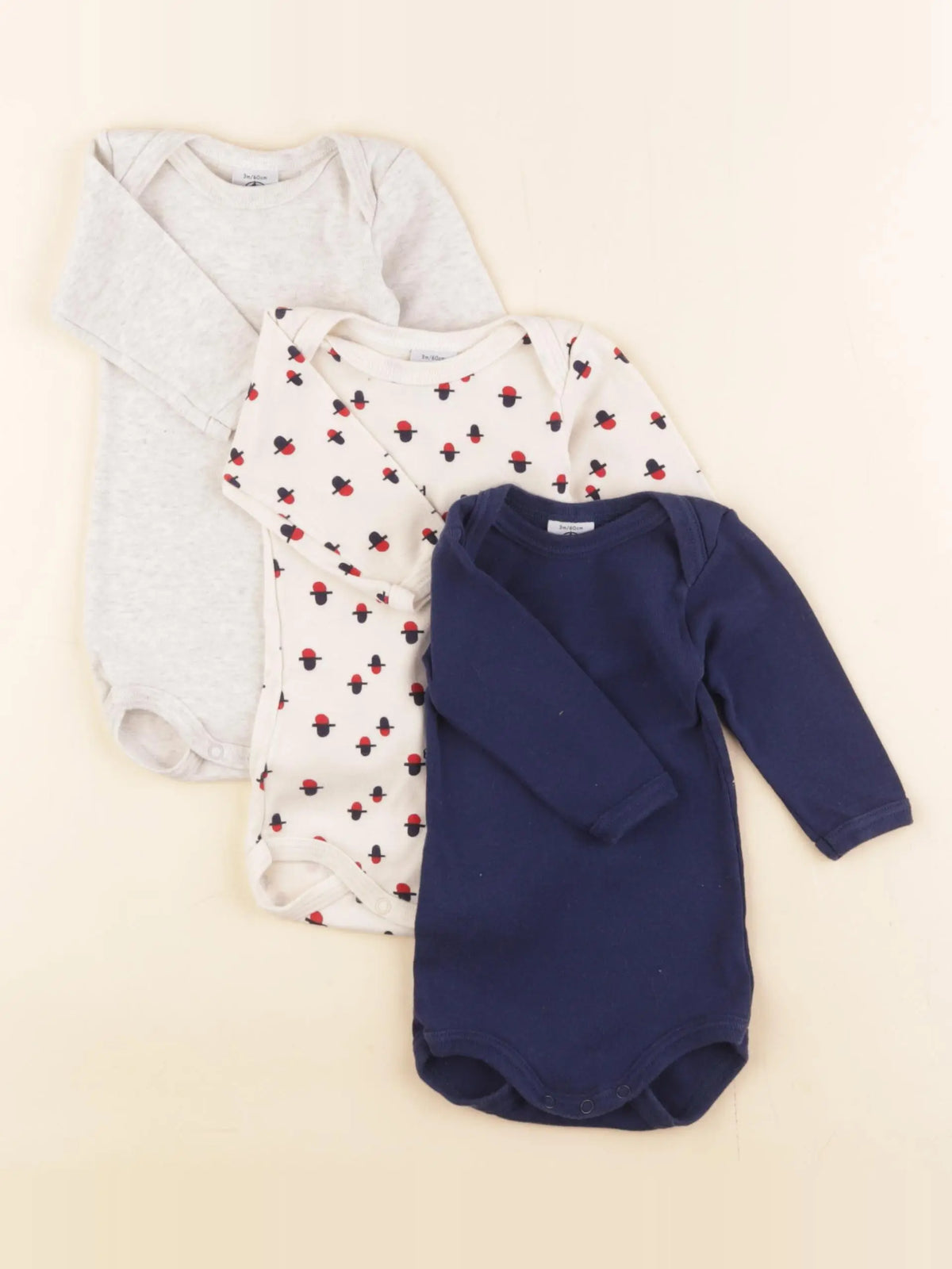 Petit Bateau - lot de 3 bodies en coton bleu, beige - 3 mois