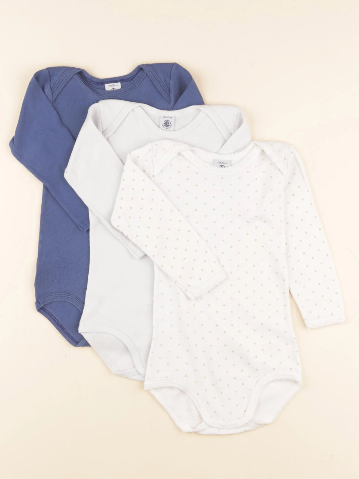 Petit Bateau - lot de 3 bodies en coton blanc, bleu - 18 mois