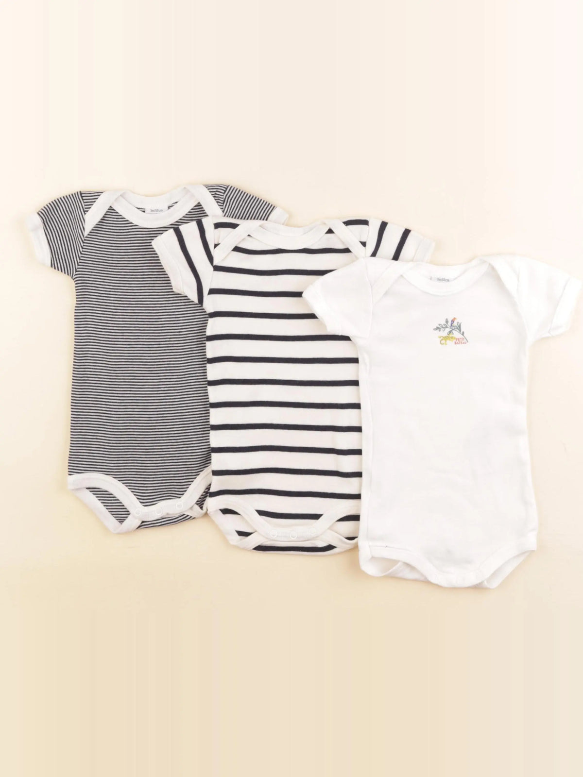Petit Bateau - lot de 3 bodies en coton blanc, bleu - 3 mois