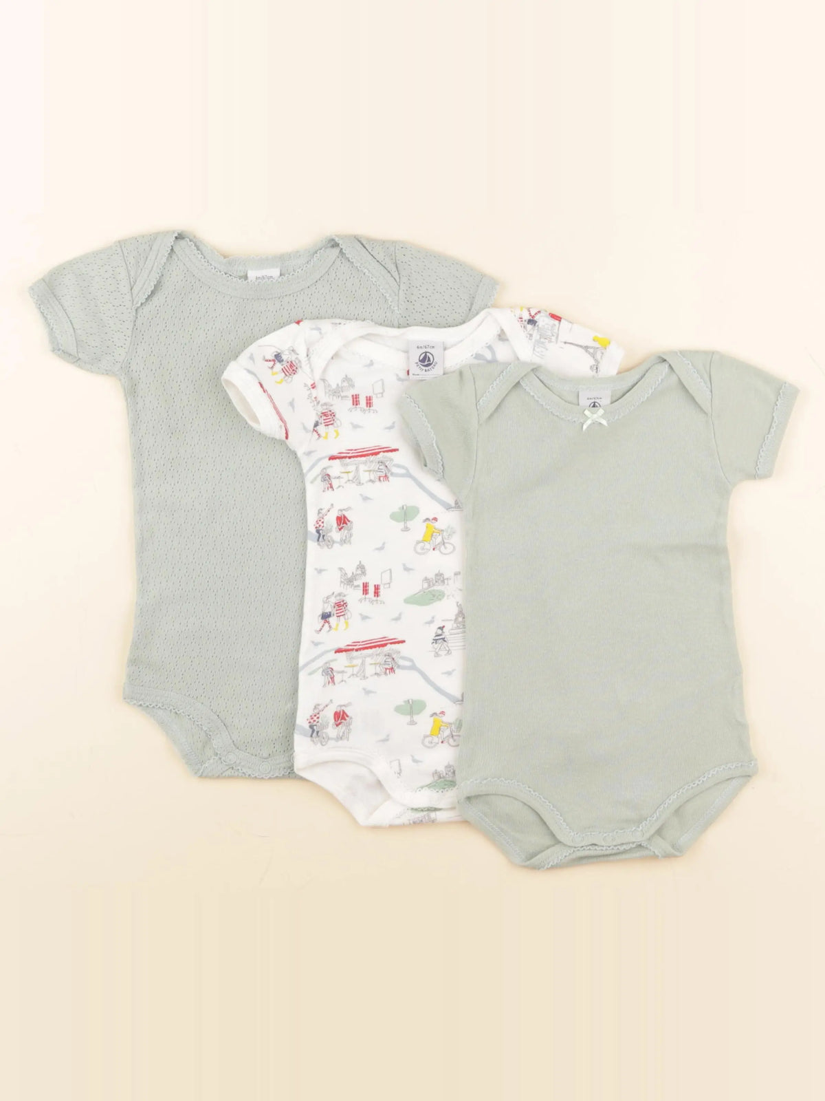 Petit Bateau - lot de 3 bodies en coton blanc, vert - 6 mois