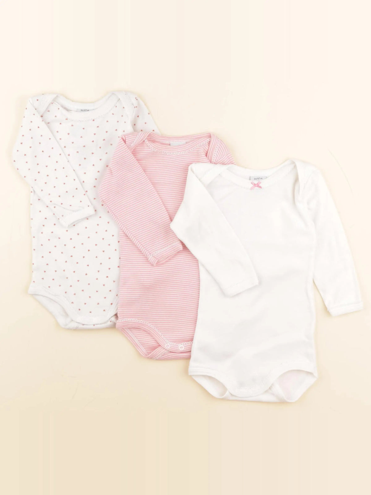 Petit Bateau - lot de 3 bodies en coton blanc, rose - 6 mois
