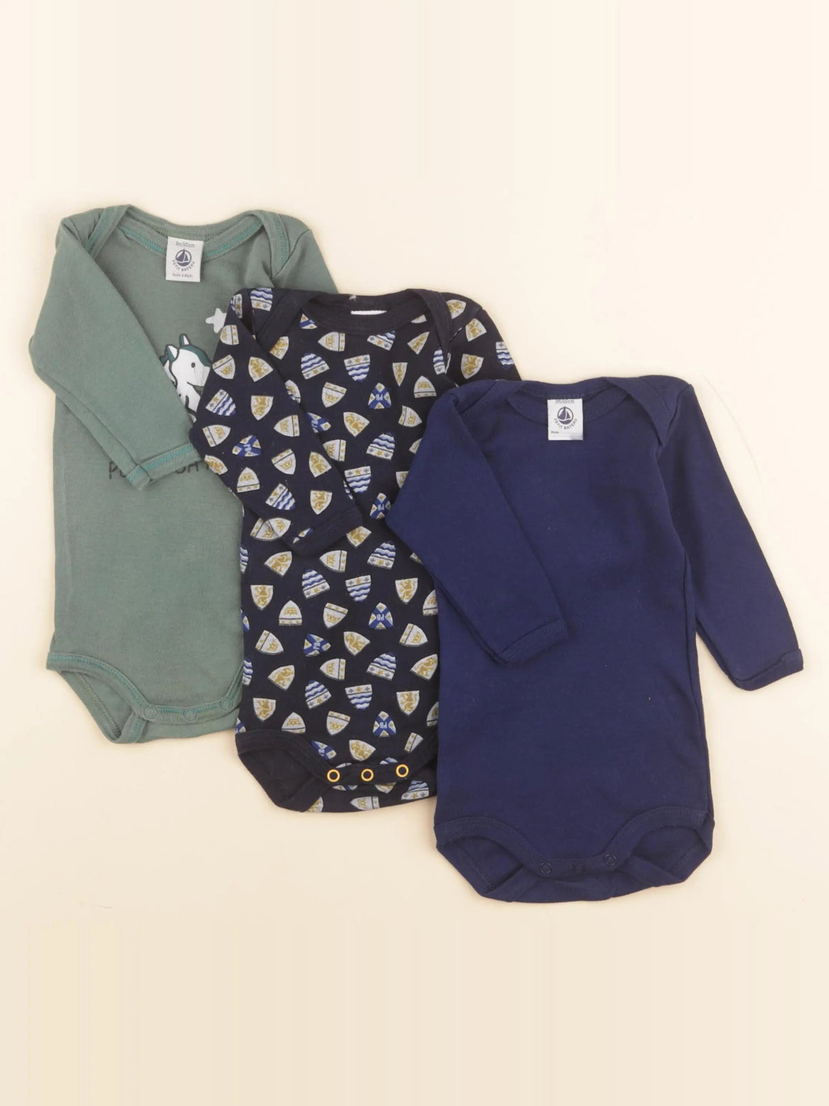Petit Bateau - lot de 3 bodies en coton bleu, vert - 3 mois