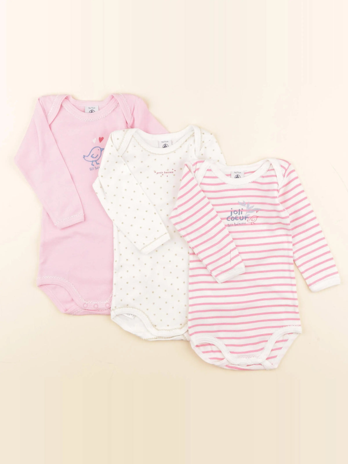 Petit Bateau - lot de 3 bodies en coton blanc, rose - 9 mois