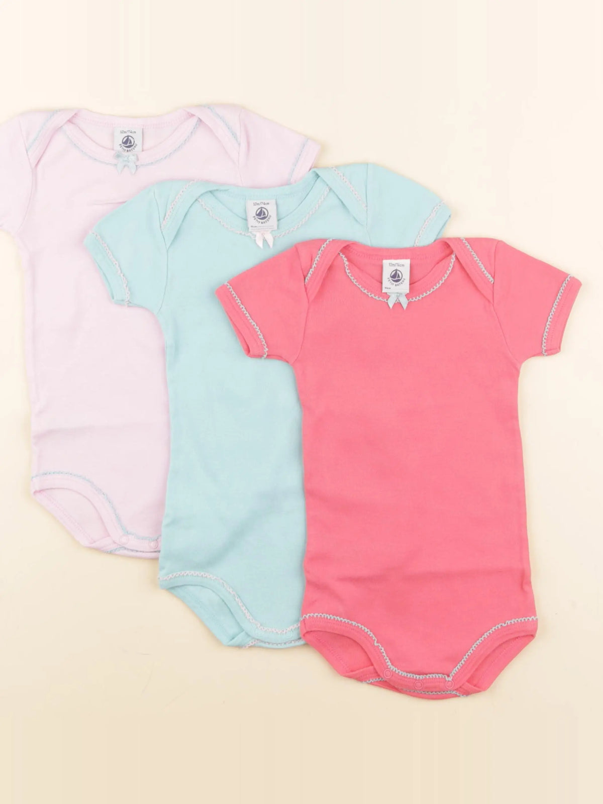 Petit Bateau - lot de 3 bodies en coton rose, bleu - 12 mois