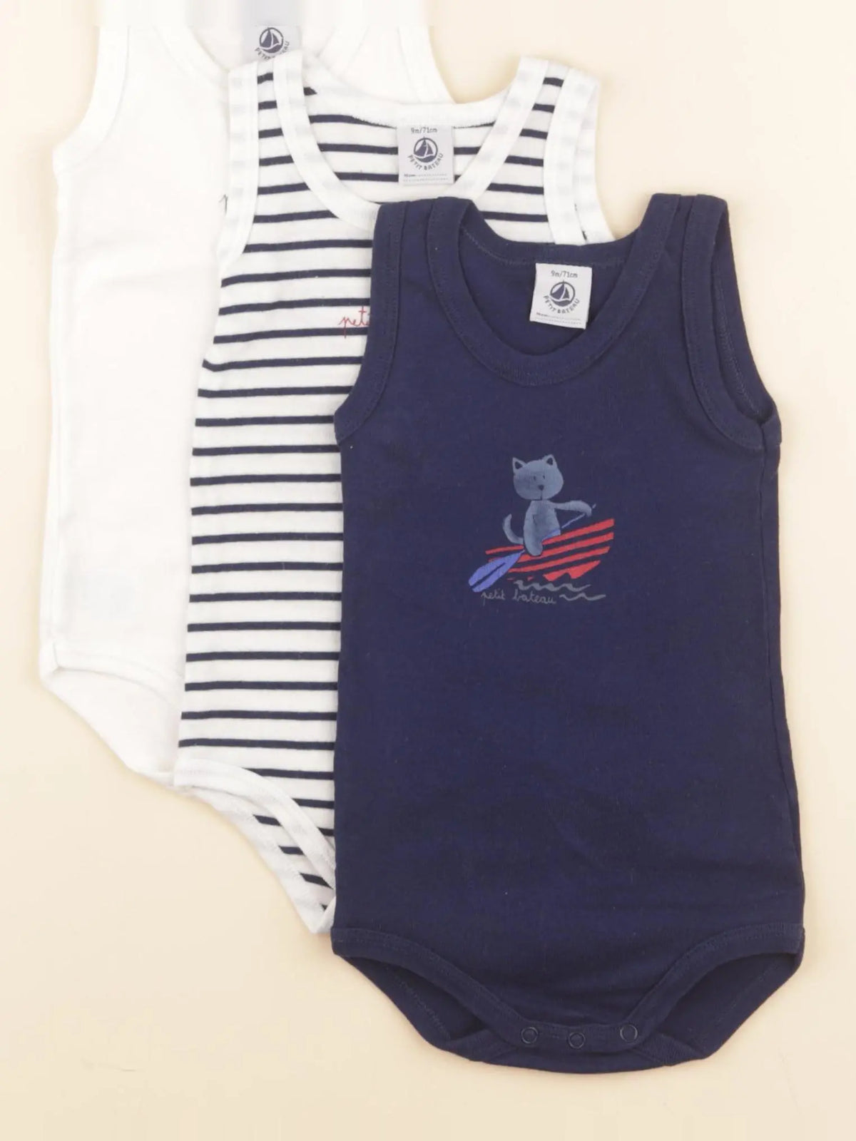 Petit Bateau - lot de 3 bodies en coton blanc, bleu - 9 mois