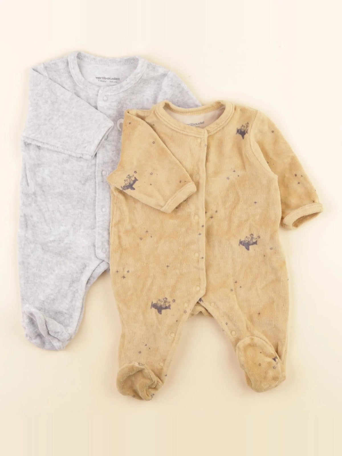 Vertbaudet - lot de 2 pyjamas velours gris, marron - 1 mois
