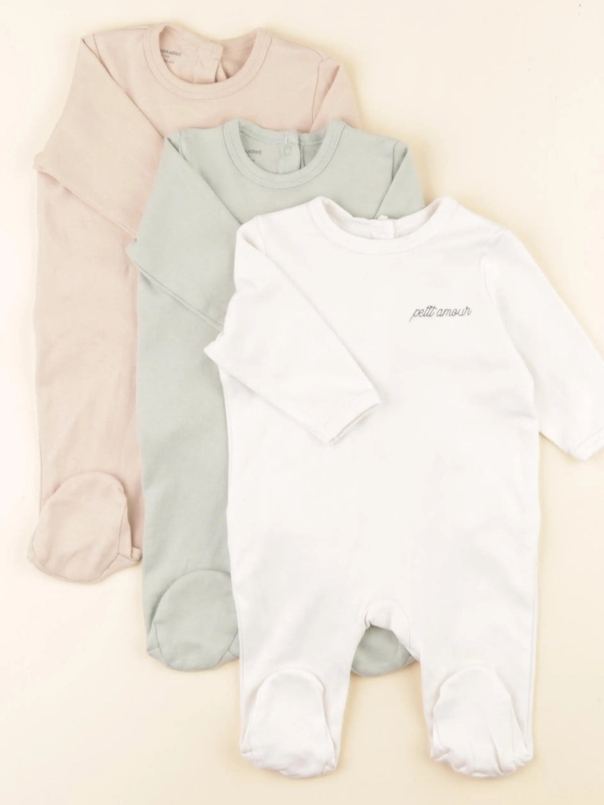 Vertbaudet - lot de 3 pyjamas coton vert, beige - 3 mois