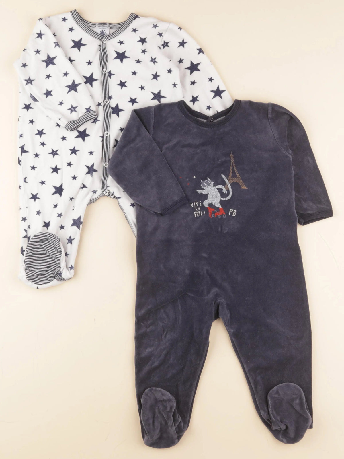 Petit Bateau - lot de 2 pyjamas velours blanc, bleu - 18 mois