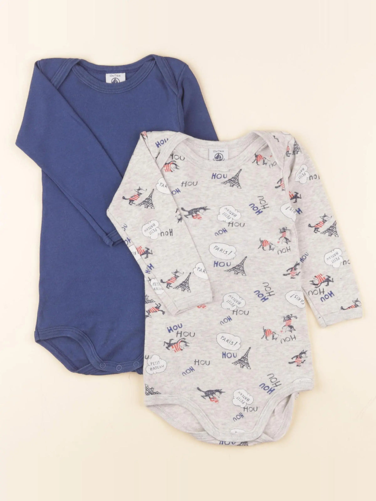 Petit Bateau - lot de 2 bodies en coton bleu, gris - 12 mois