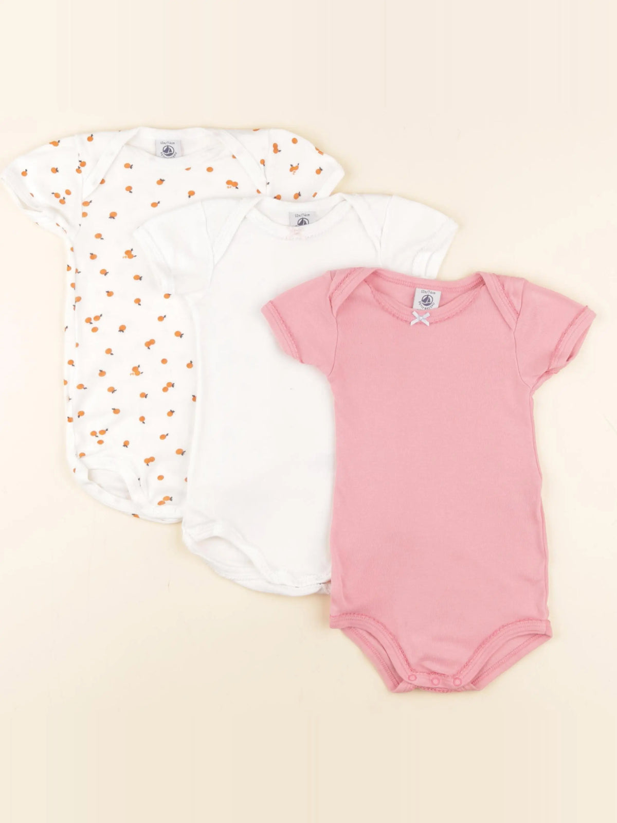 Petit Bateau - lot de 3 bodies en coton blanc, rose - 12 mois