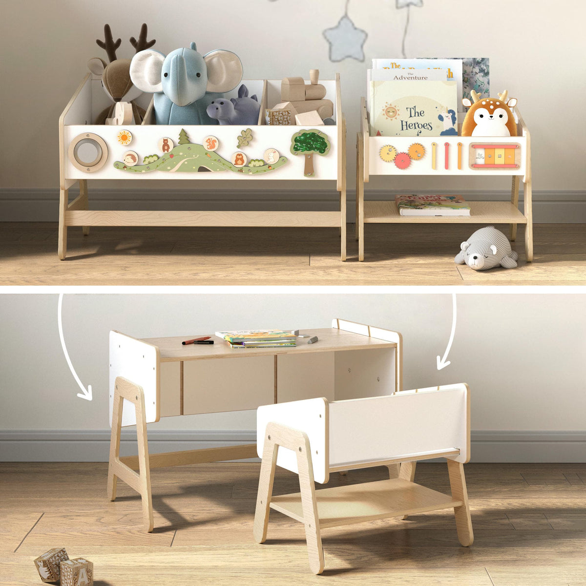 Étagère à jouets / Table + Bibliothèque enfant / Siège LILU