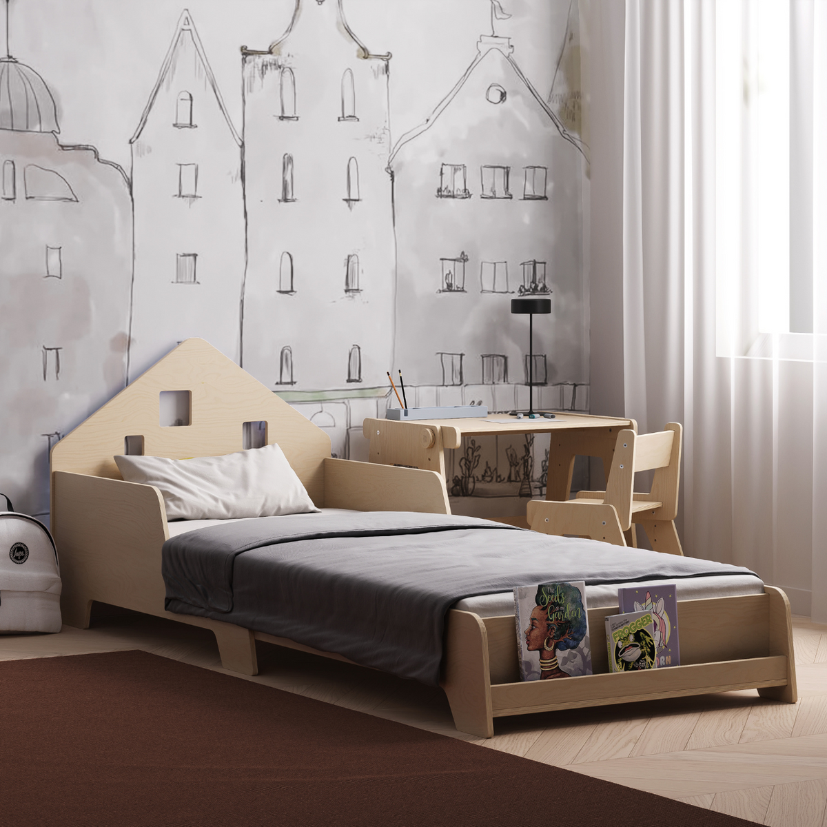 Lit extensible en forme de maison avec éclairage LED