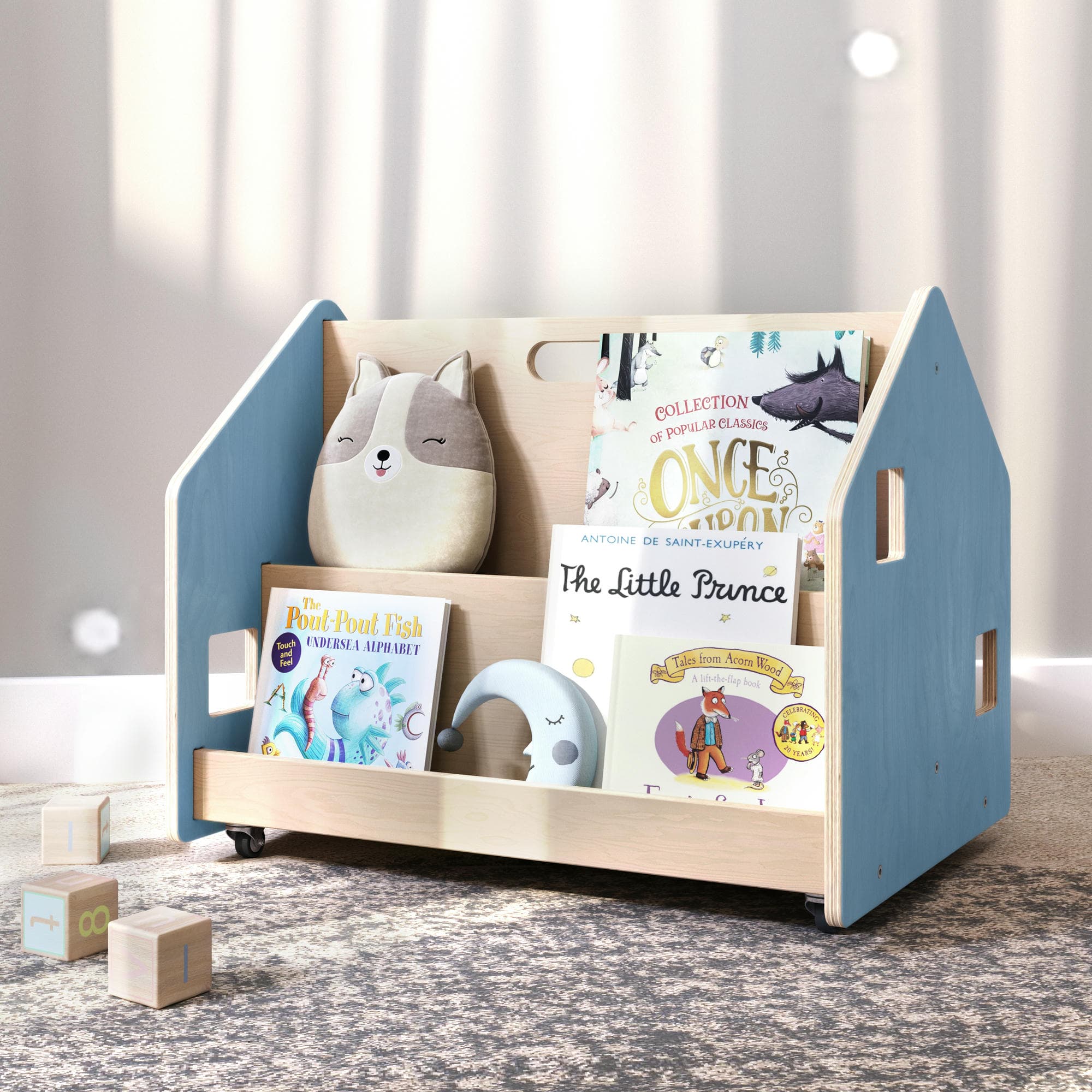 Bibliothèque enfant double-face sur roulettes - Couleur bleu clair