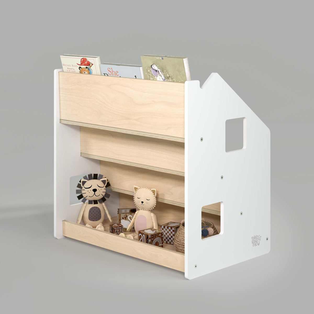 Ensemble - Bibliothèque enfant + Étagère à jouets - Blanc et Gris