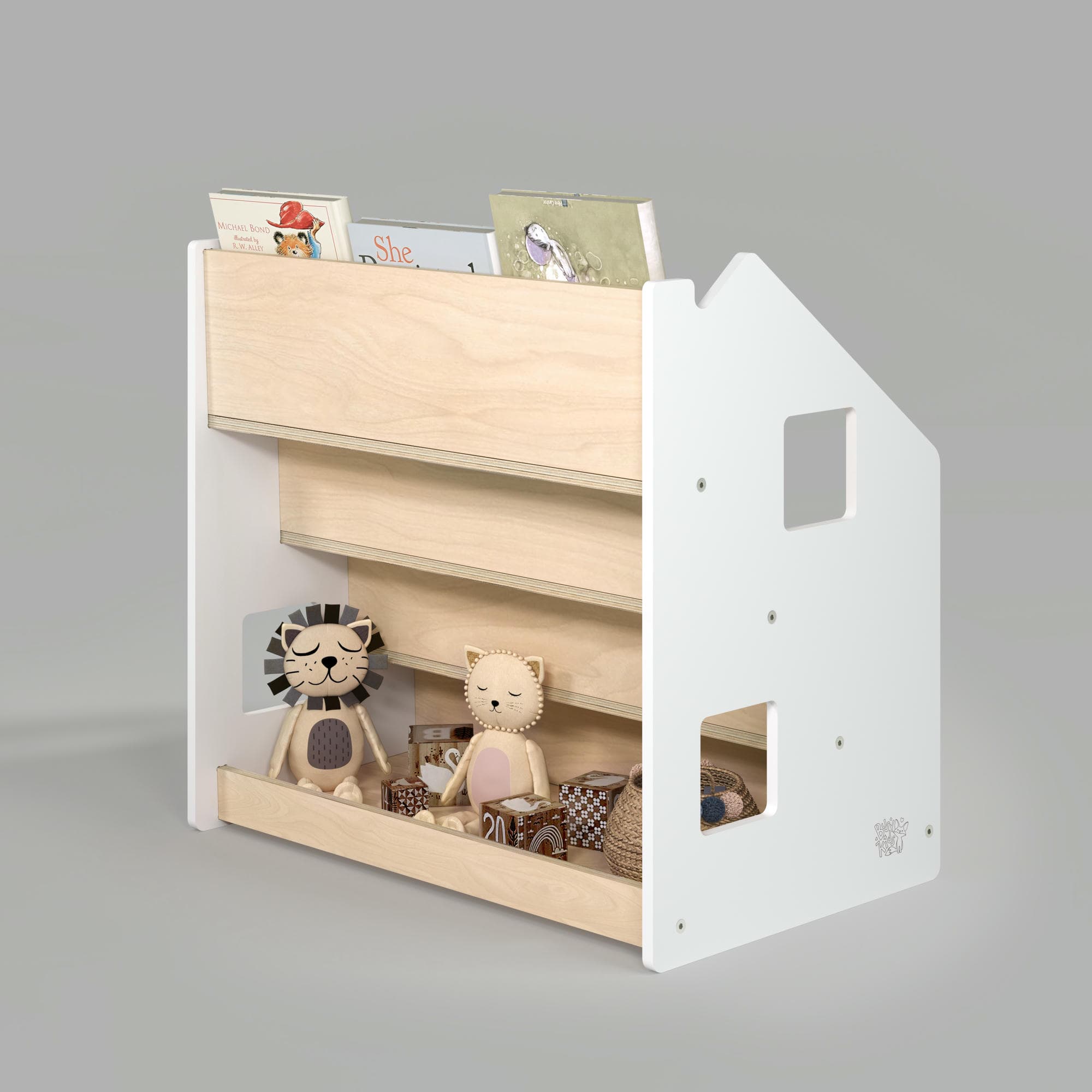 Ensemble - Bibliothèque enfant + Étagère à jouets - Blanc et Gris