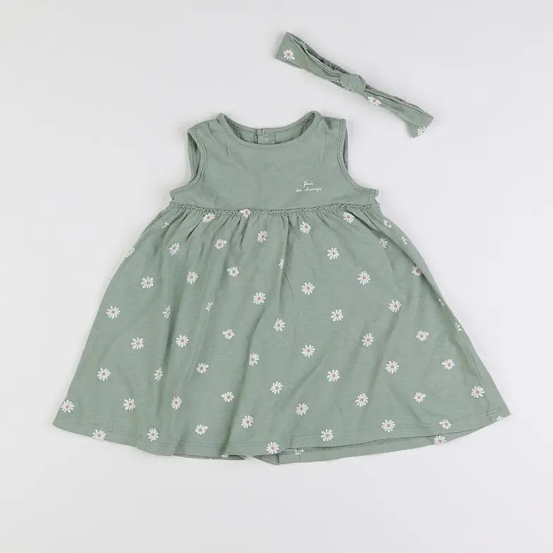 Vertbaudet - robe vert, blanc - 12 mois