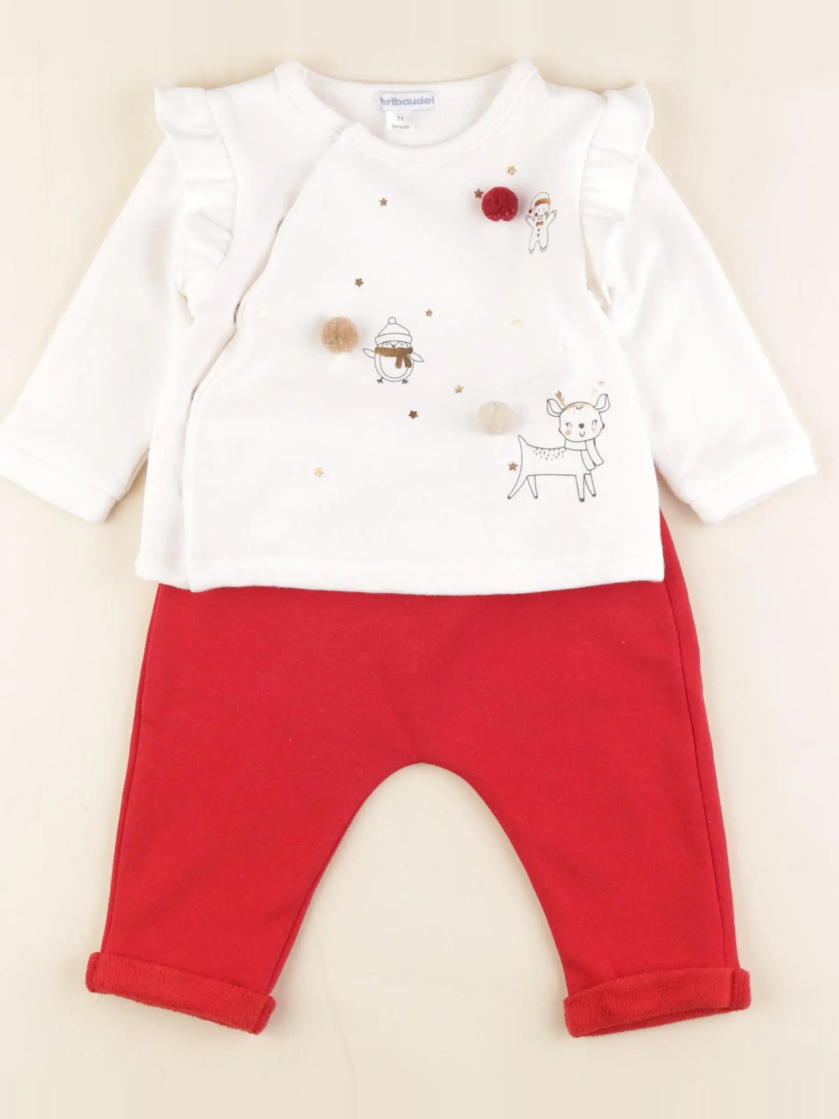 Vertbaudet - ensemble doublé blanc, rouge - 9 mois