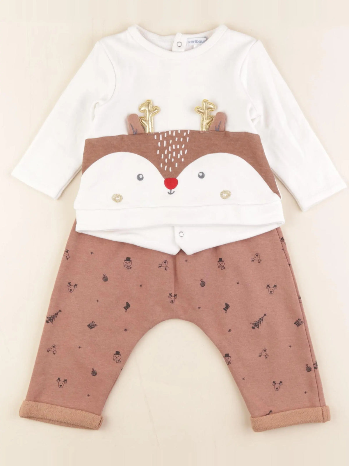 Vertbaudet - ensemble blanc, marron - 12 mois