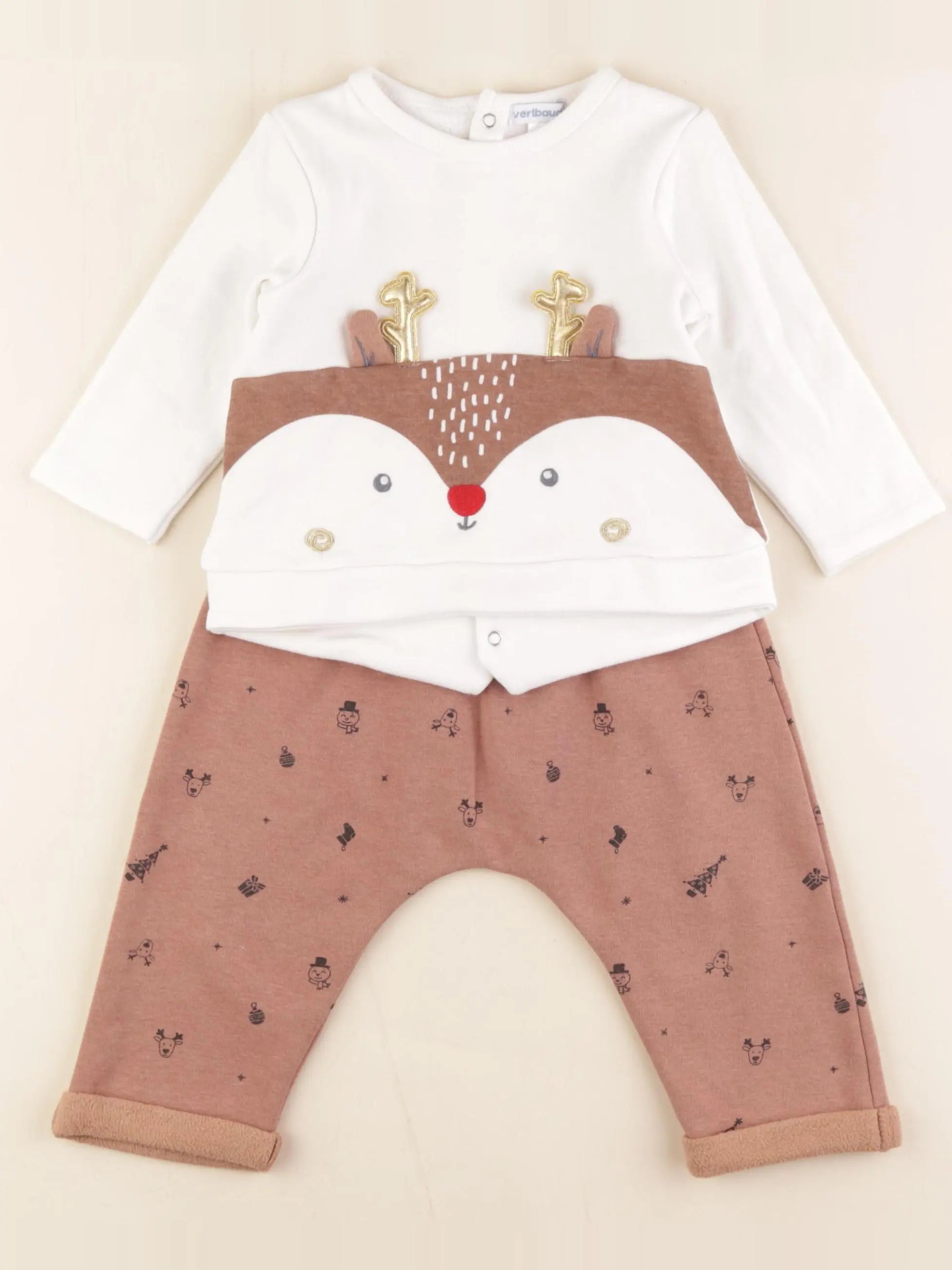 Vertbaudet - ensemble blanc, marron - 12 mois