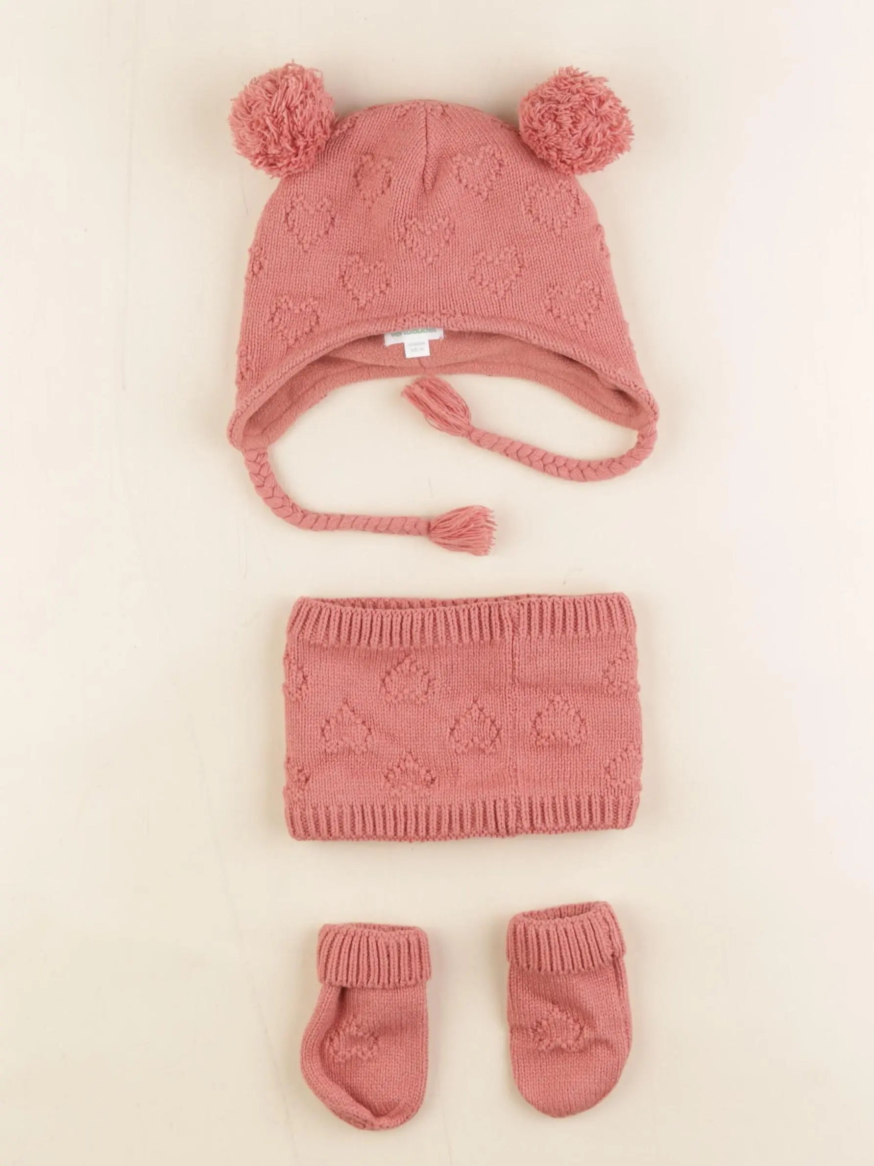 Vertbaudet - ensemble bonnet/moufles/tour de cou rose - 3/6 mois