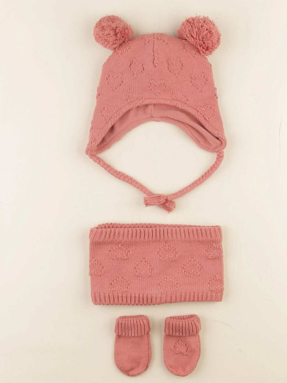 Vertbaudet - ensemble bonnet/moufles/tour de cou rose - 3/6 mois