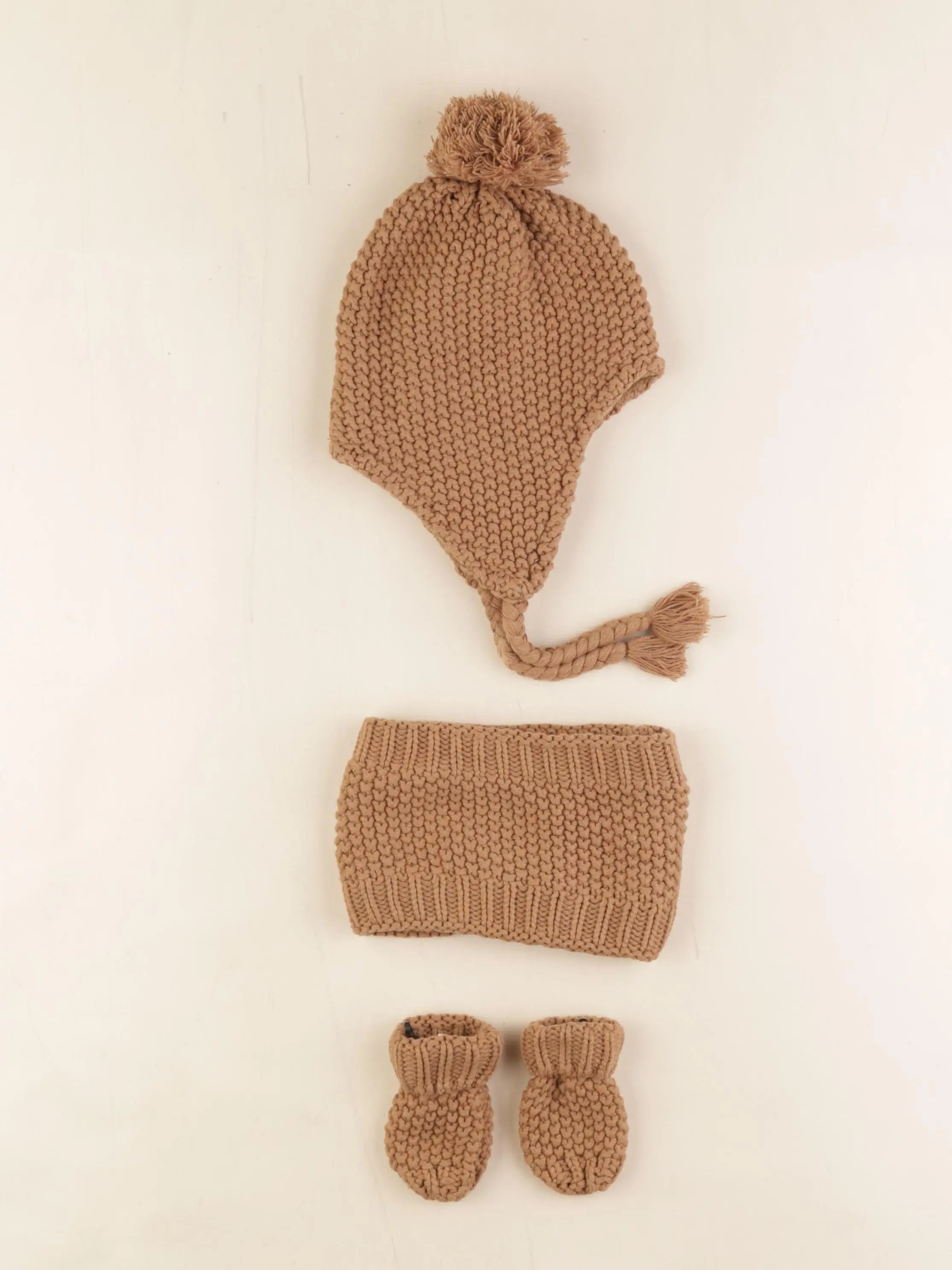Vertbaudet - ensemble bonnet/moufles/tour de cou marron - 3/6 mois