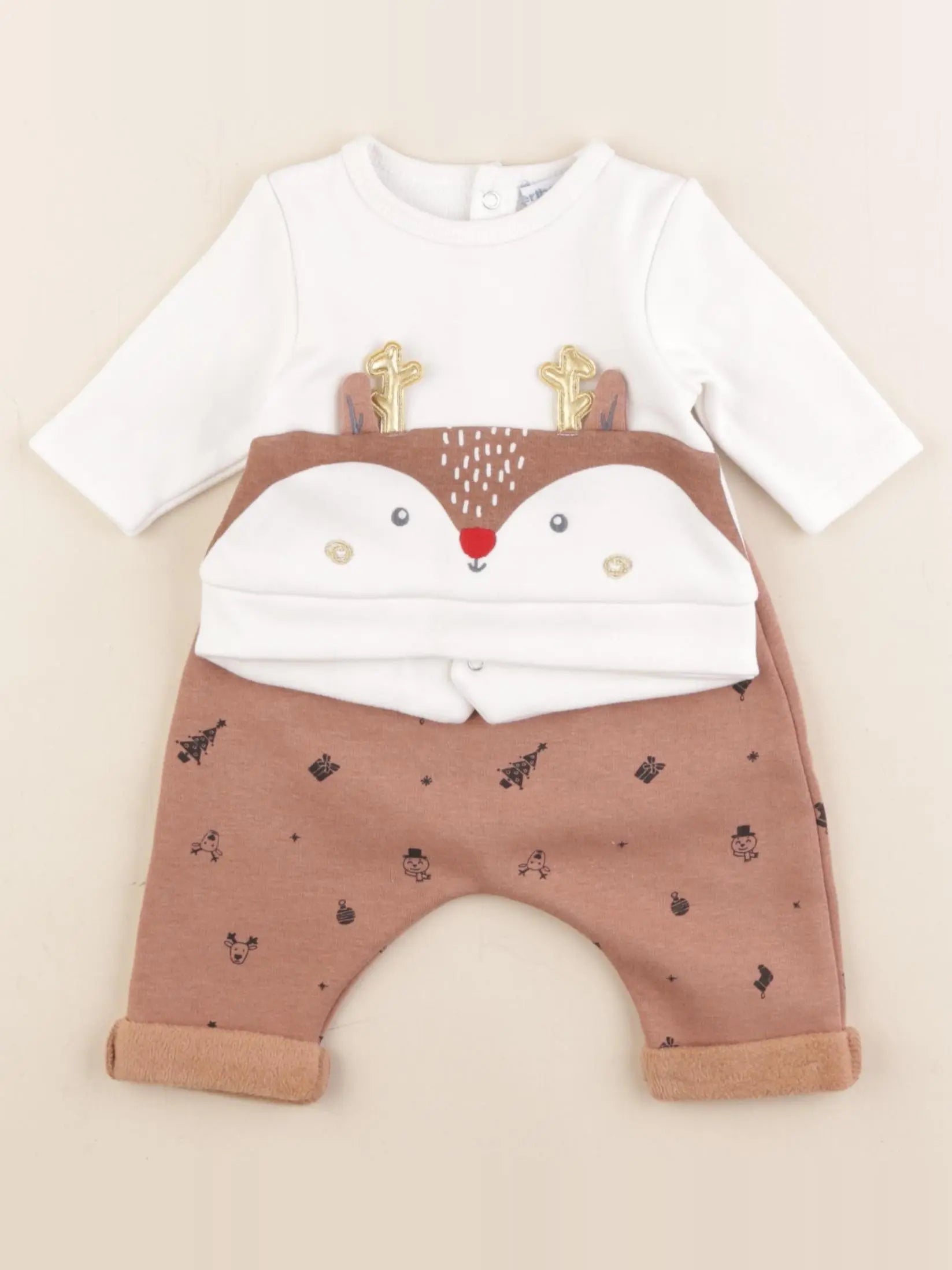 Vertbaudet - ensemble doublé marron, blanc - 1 mois