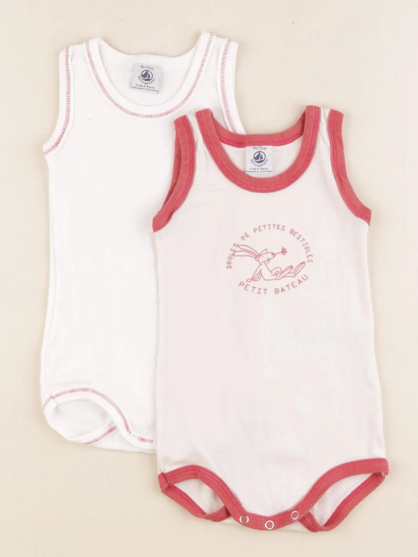 Petit Bateau - lot de 2 bodies en coton blanc, beige - 9 mois